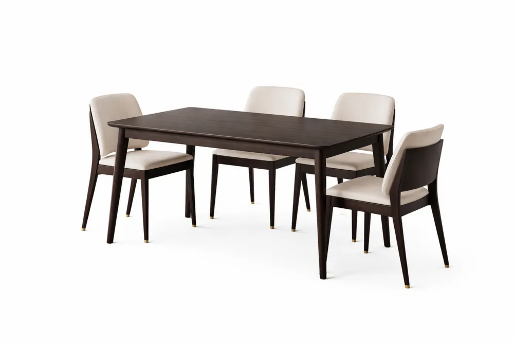 Ensemble Table à Manger en Bois et 4 Chaises en Similicuir Beige