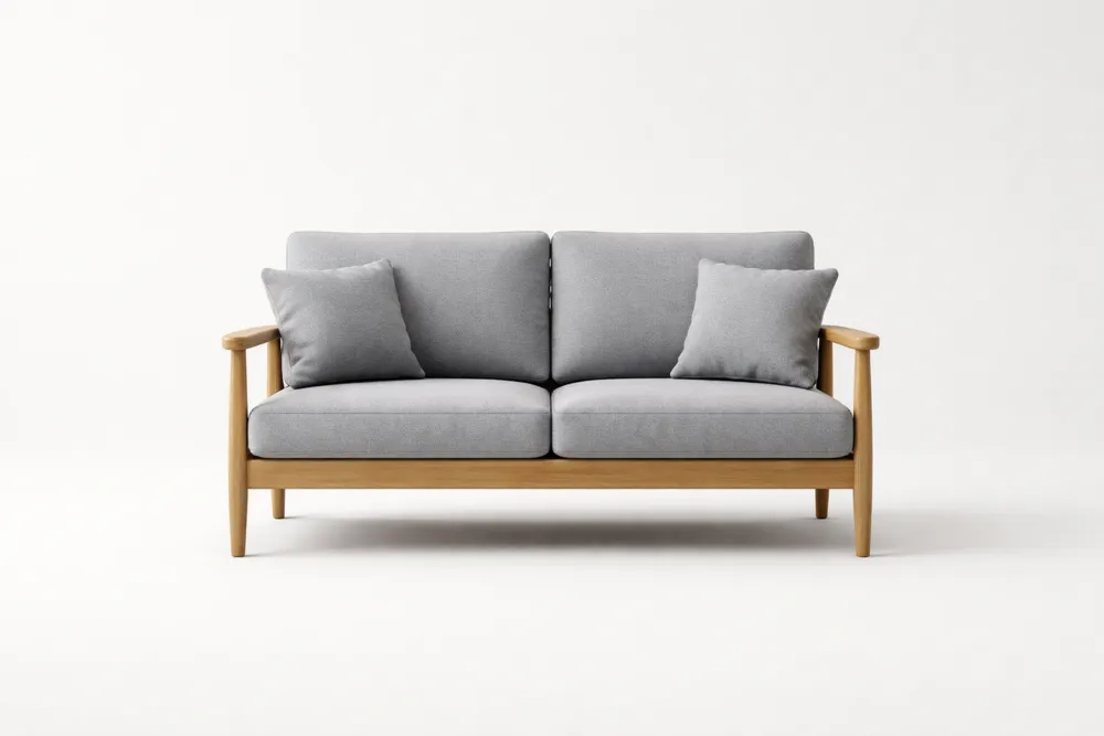 Canapé 2 Places en Tissu Gris avec Cadre en Chêne