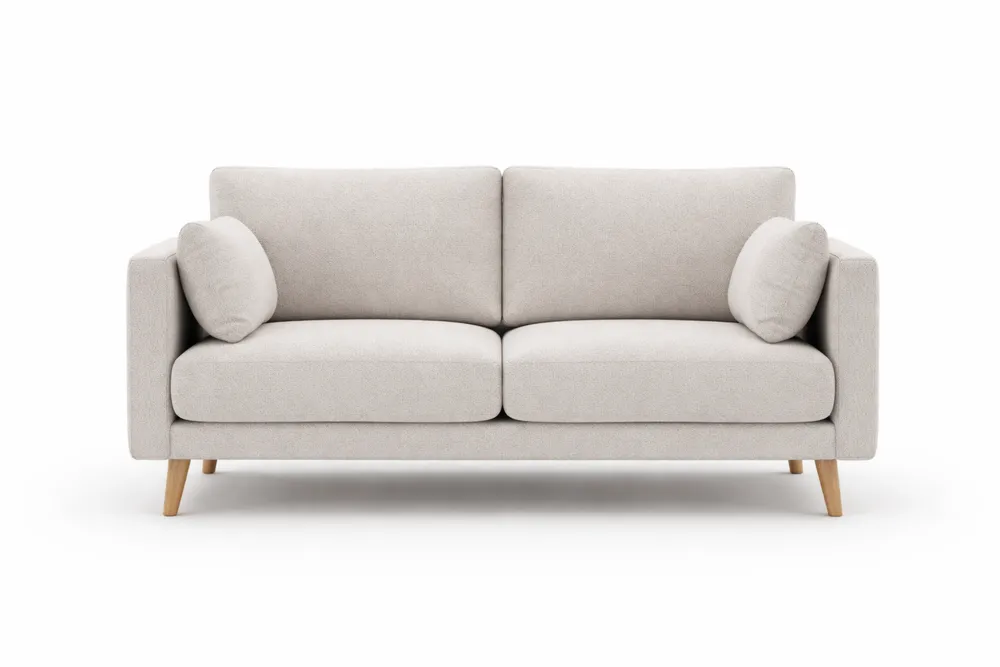 Canapé 2 places en polyester beige avec pieds en bois massif