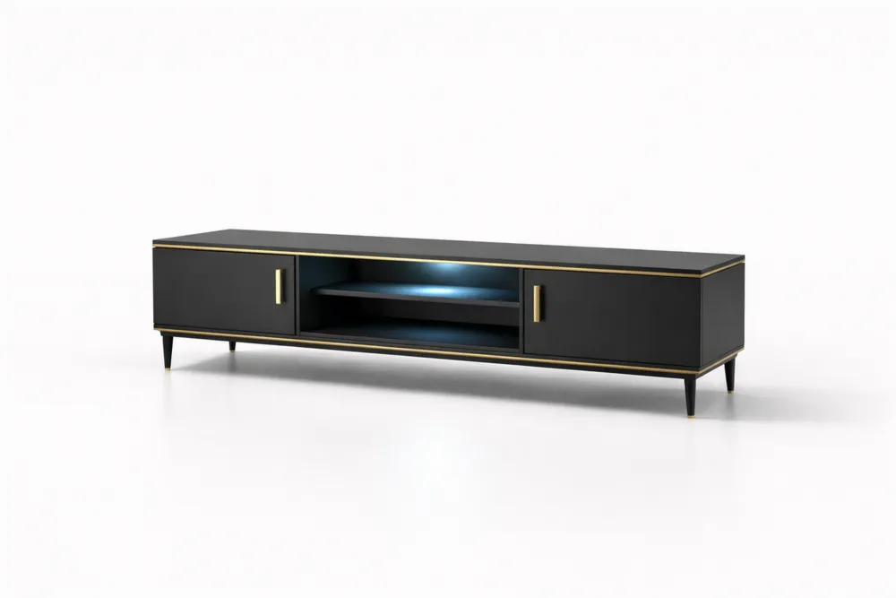 Meuble TV MDF Noir avec Accents Dorés 180x40x50 cm(L x l x H)
