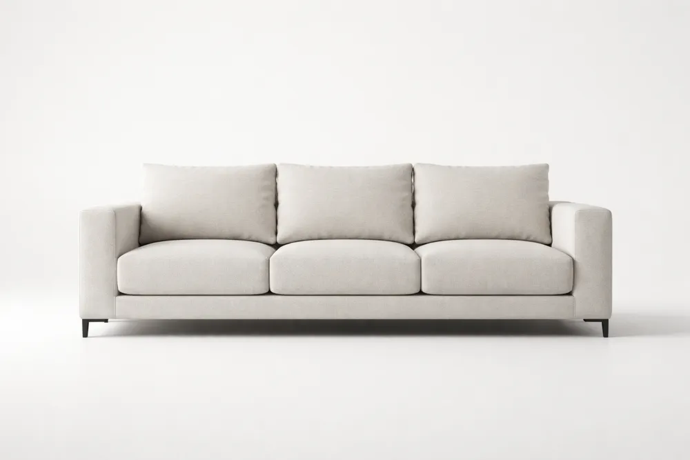 Canapé long 3 places tissu polyester beige pieds acier noir