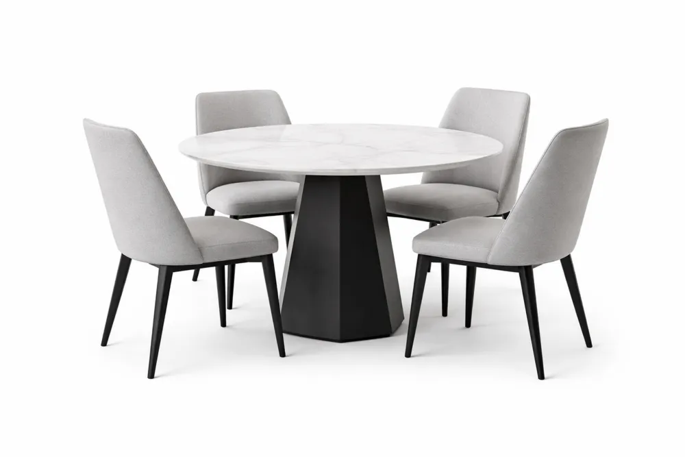 Table à manger ronde avec surface effet marbre, pieds métalliques et 4 chaises en tissu