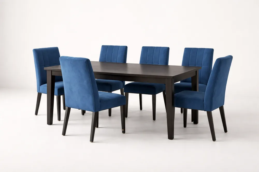 Ensemble Table à Manger Rectangulaire en Bois avec 6 Chaises en Velours Bleu
