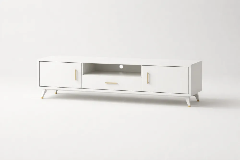 Meuble TV en bois blanc avec poignées dorées 150x45x40 cm(L x l x H)