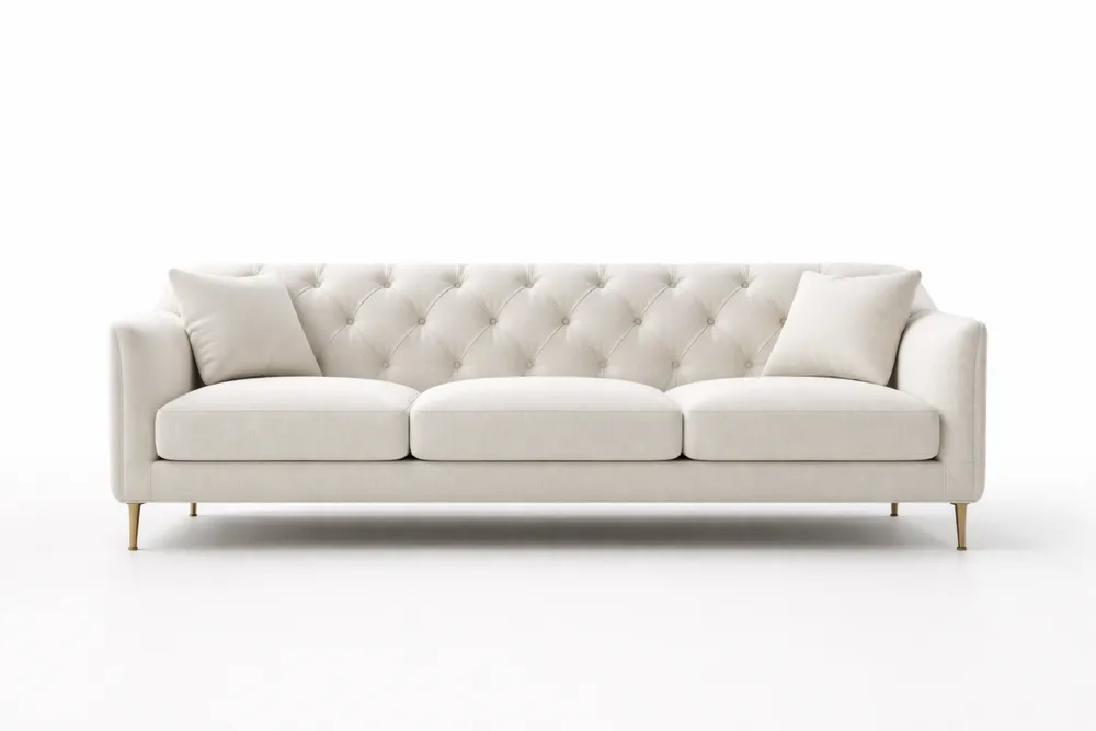 Canapé long 3 places velours beige pieds acier