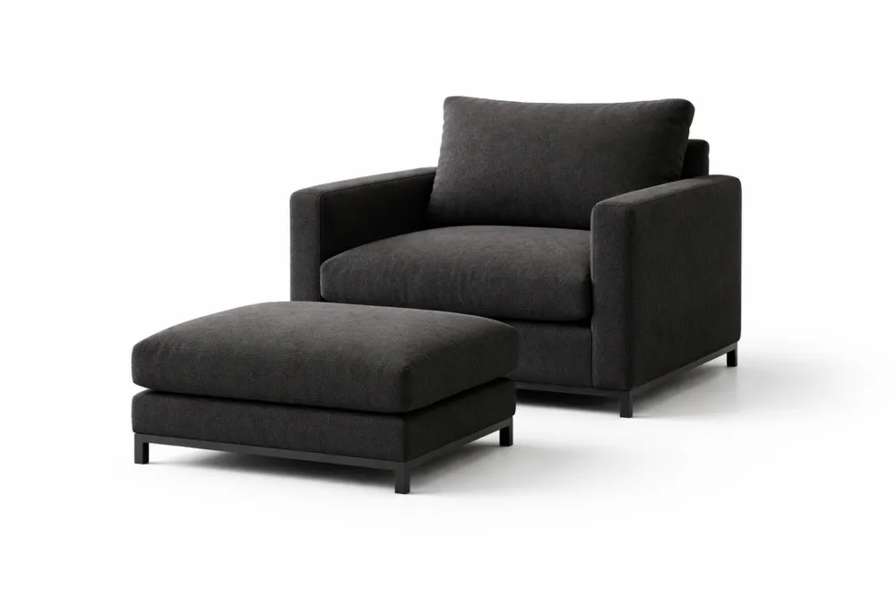 Fauteuil avec repose-pied en tissu noir structure acier
