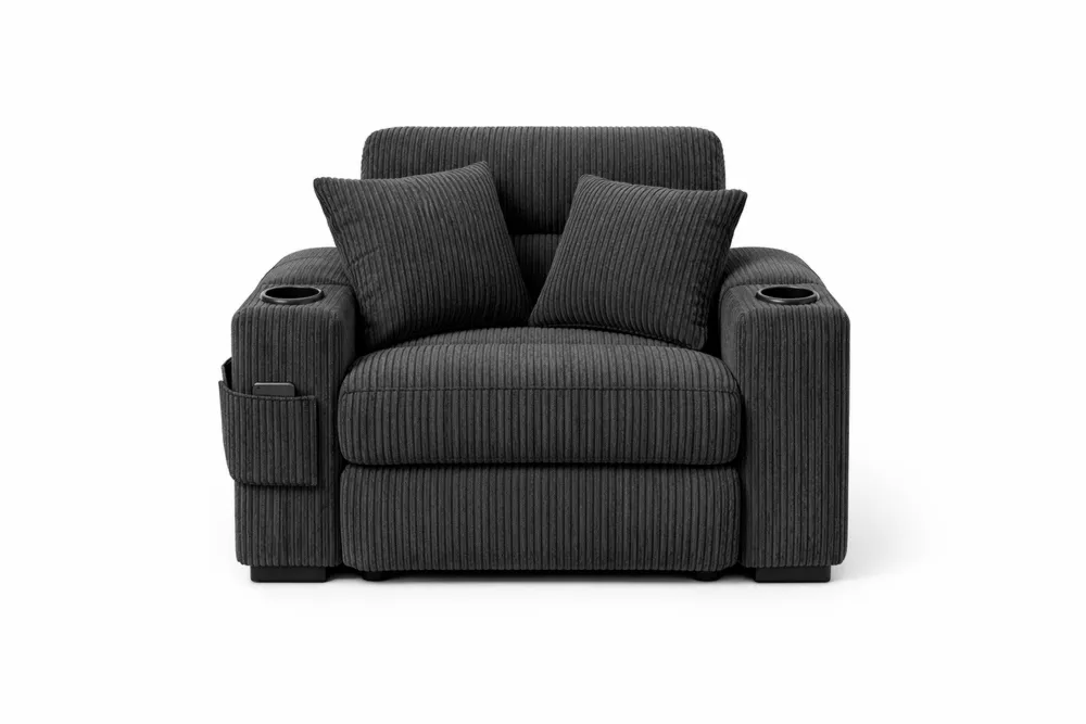Fauteuil en tissu polyester côtelé gris foncé avec porte-gobelets et poches de rangement