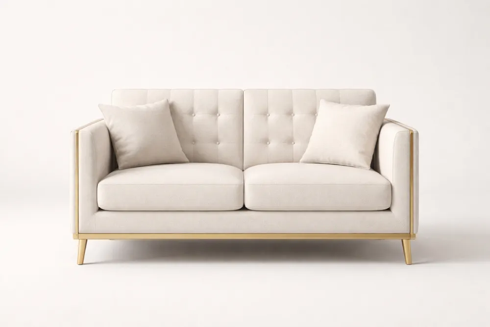 Canapé 2 places en tissu beige avec structure en bois de chêne