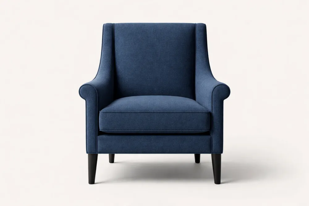 Fauteuil en tissu polyester bleu avec pieds en bois massif