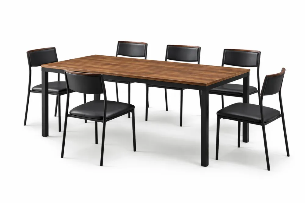 Table à manger rectangulaire bois MDF avec 6 chaises métal en simili cuir noir