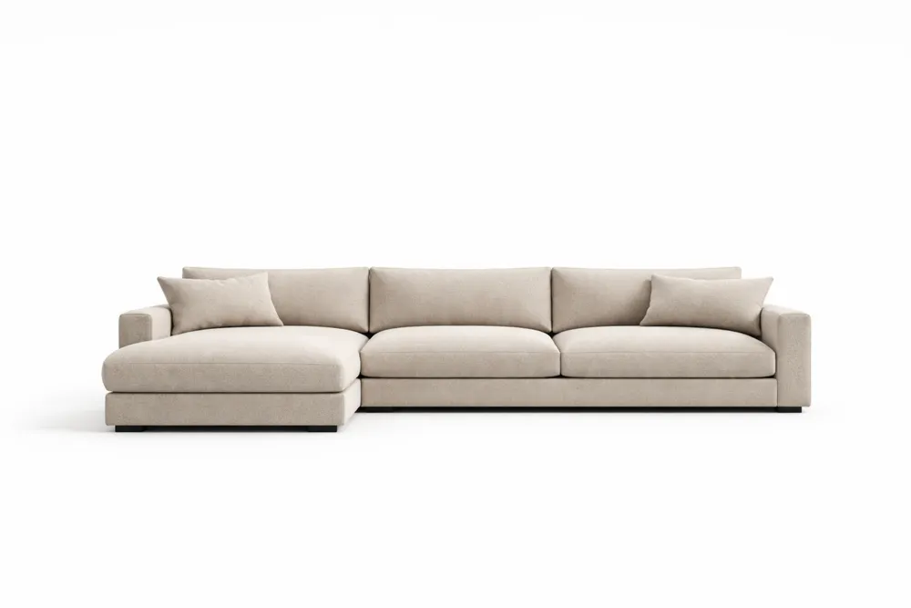 Canapé d'angle en bois et tissu polyester beige