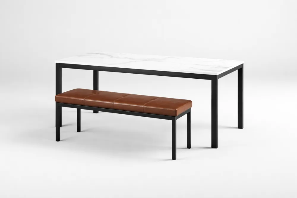 Ensemble Table à Manger Plateau Effet Marbre et Banc Noir Marron Acier