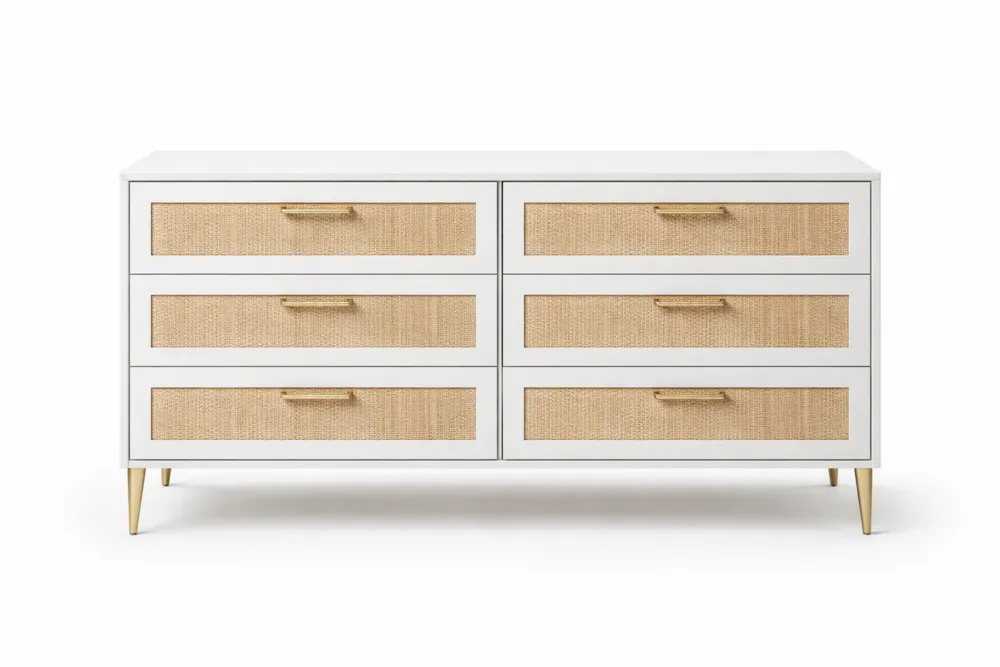 Commode en bois MDF avec façades en rotin 6 tiroirs blanc et naturel