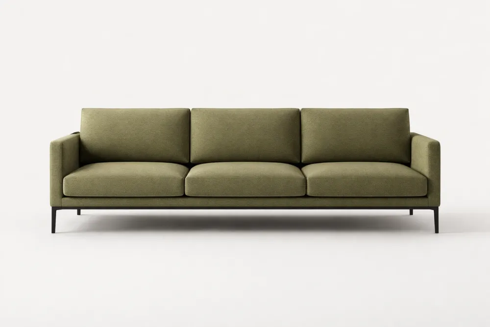 Canapé long 3 places tissu polyester vert cadre acier