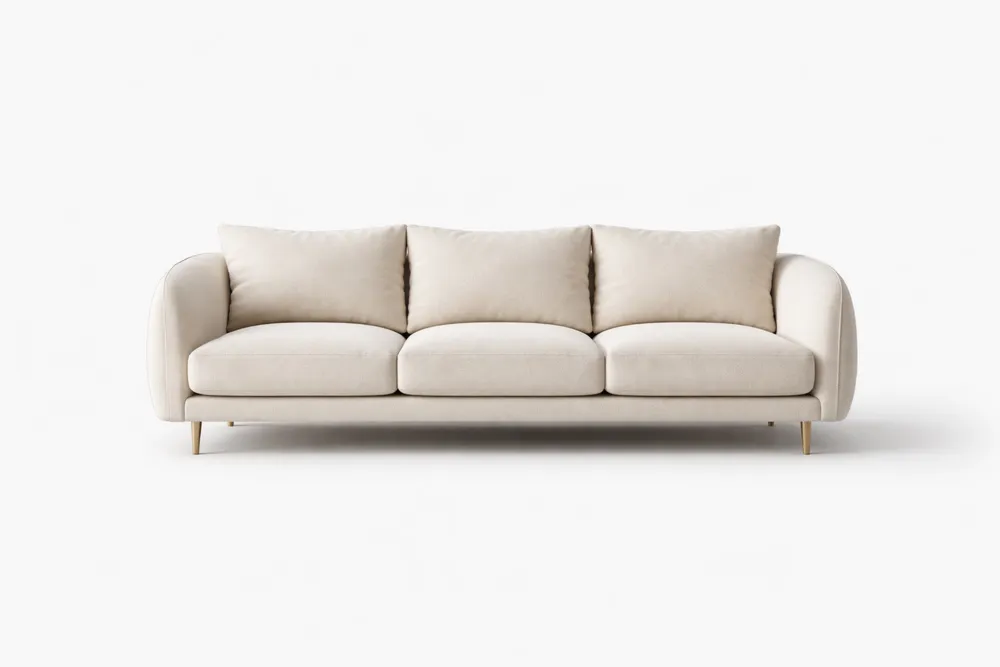 Canapé long 3 places en tissu beige avec pieds en bois de hêtre