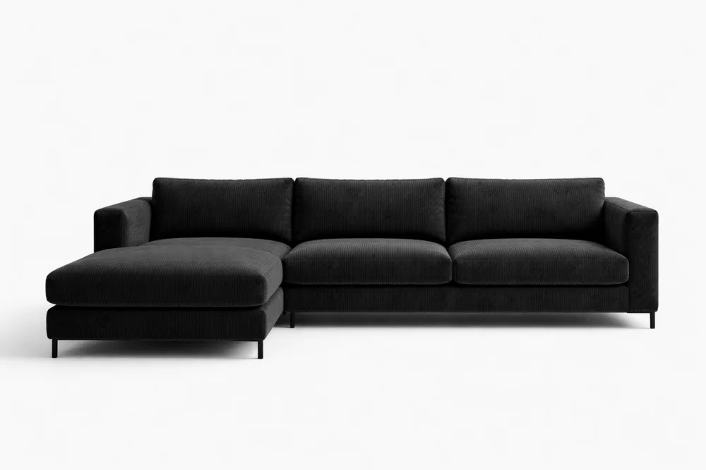 Canapé d'angle en velours côtelé noir 3 places avec méridienne