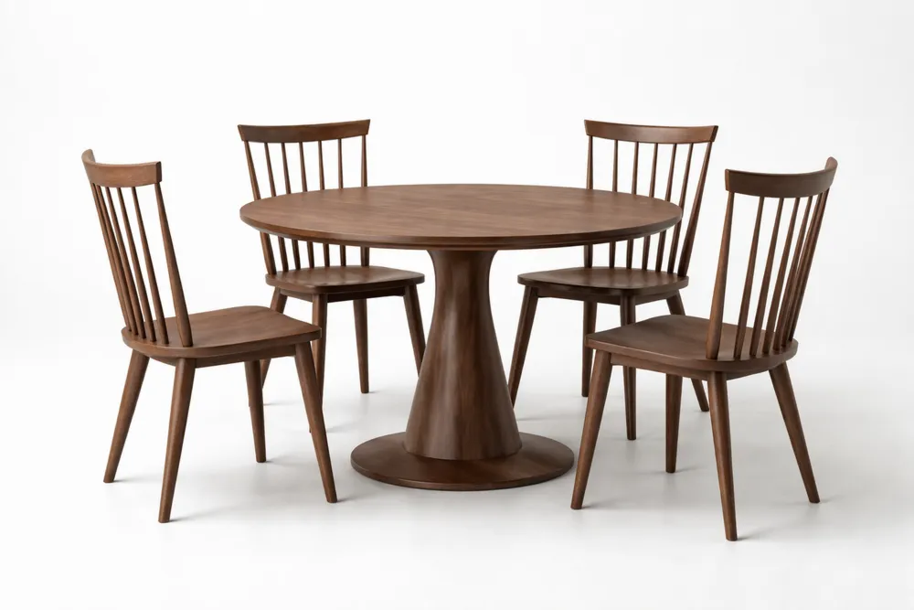Ensemble table à manger ronde en bois de noyer avec 4 chaises