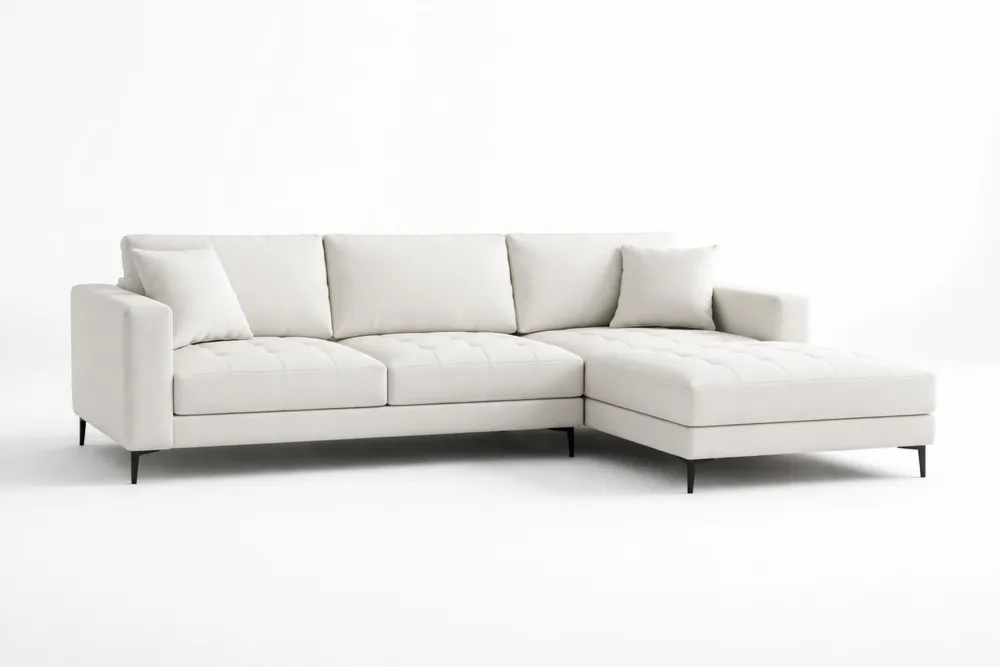 Canapé d'angle en tissu polyester avec pieds en acier noir