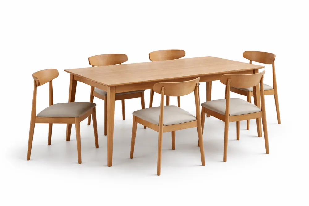 Set salle à manger 6 personnes, table rectangulaire en bois de hêtre massif, chaises en tissu polyester beige