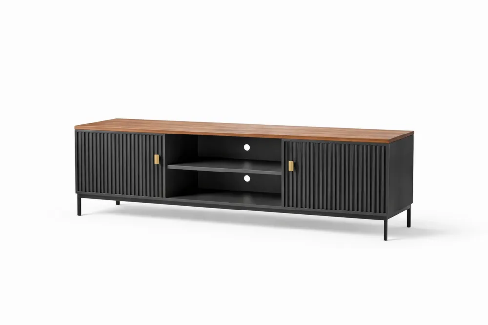 Meuble TV bois aggloméré et acier avec étagères et portes noir/marron