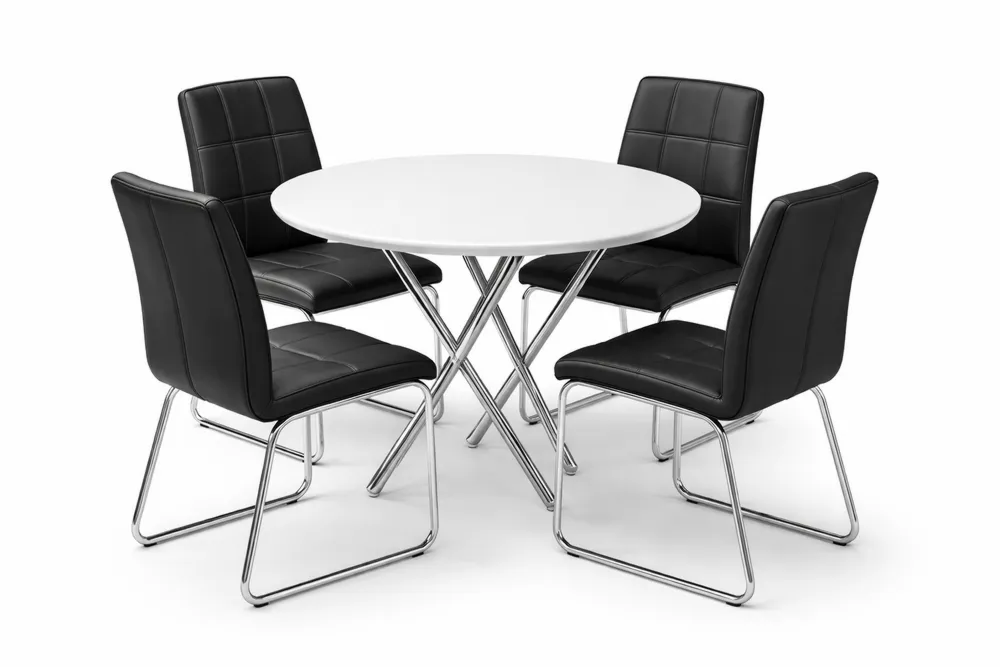 Ensemble table à manger ronde en acier chromé avec plateau blanc et 4 chaises noires en simili cuir