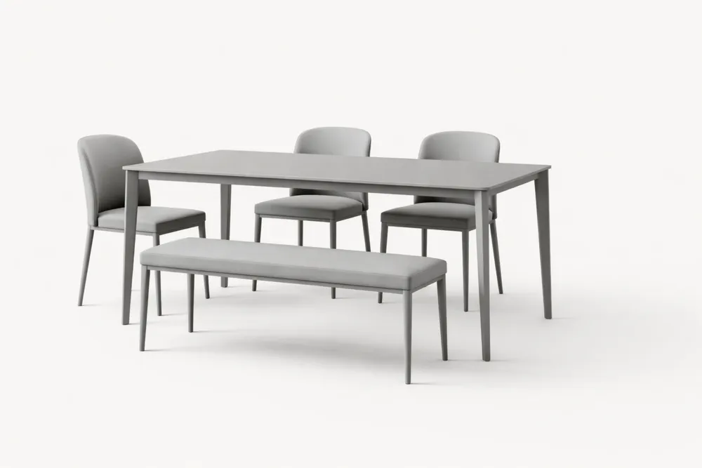 Ensemble de Salle à Manger en Métal Gris avec Table, 3 Chaises et Banc