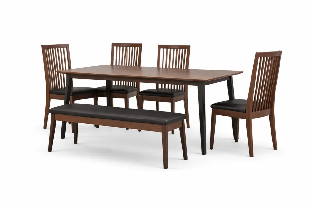 Ensemble table à manger en bois d'hévéa avec 4 chaises et banc en cuir synthétique