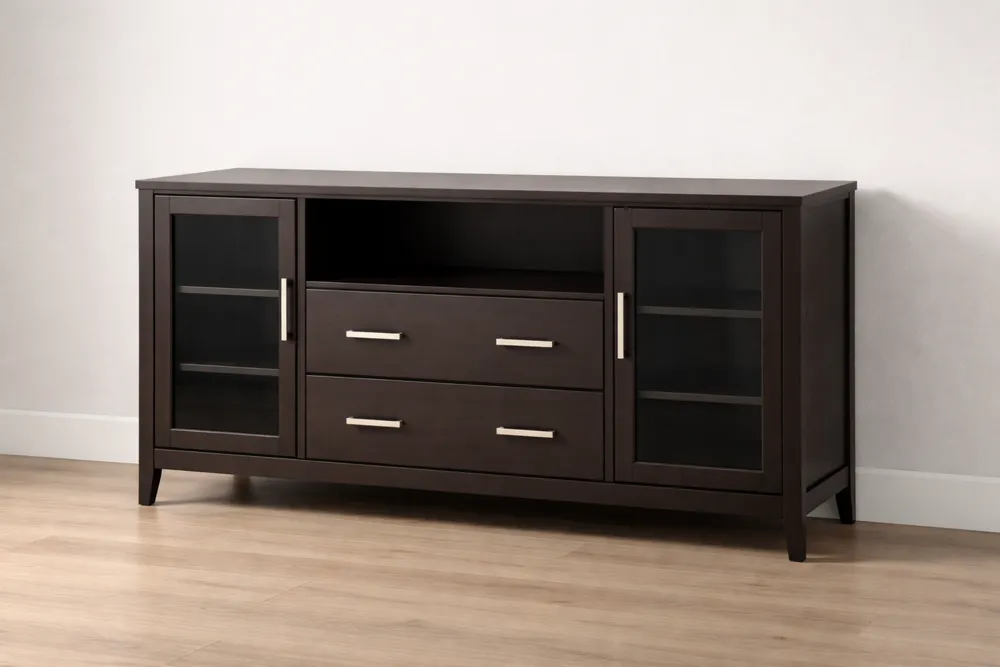 Meuble TV en MDF et Verre Trempé Marron