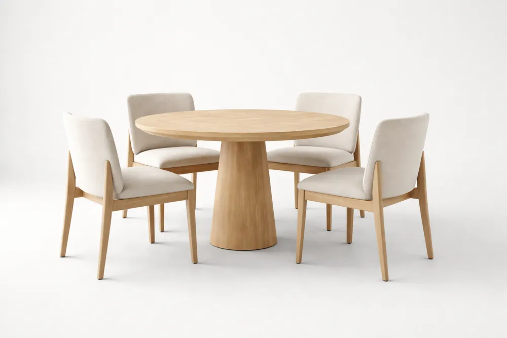 Table à manger ronde en bois massif avec chaises en tissu polyester beige