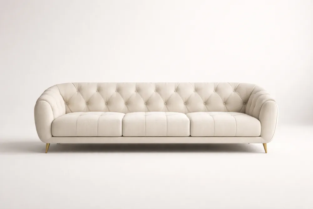 Canapé long 3 places tissu beige pieds en bois