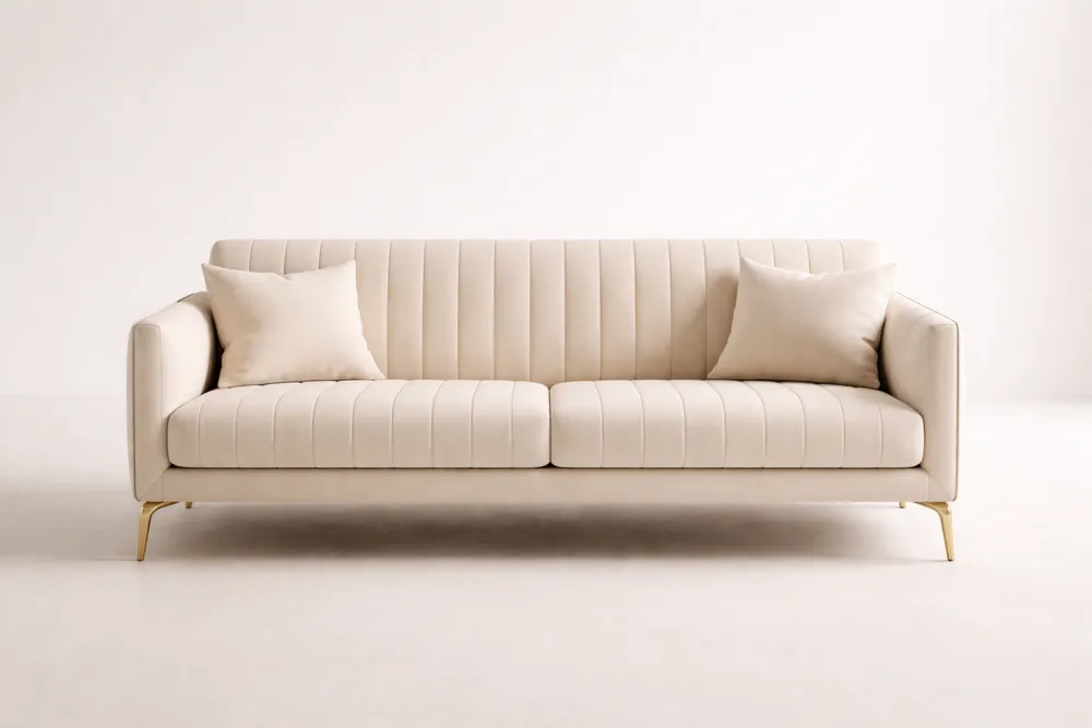 Canapé long 3 places en tissu beige acier, longueur 210 cm