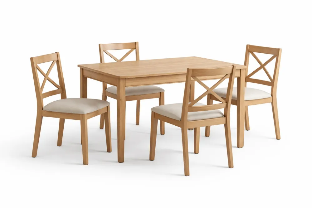 Ensemble table à manger rectangulaire en bois massif avec 4 chaises en tissu polyester