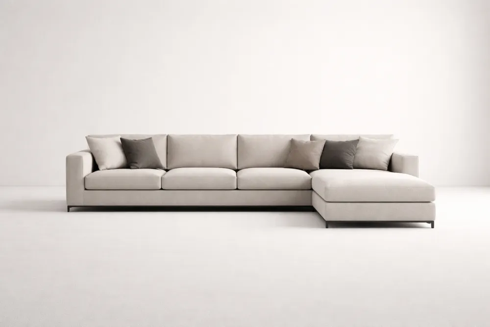 Canapé d'angle en tissu microfibre beige avec coussins