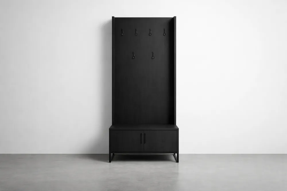 Porte-manteau en MDF noir avec crochets et rangement