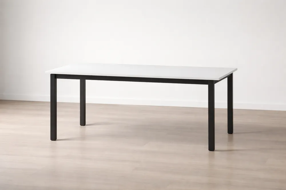 Table à manger rectangulaire blanche et noire en mélaminé et acier