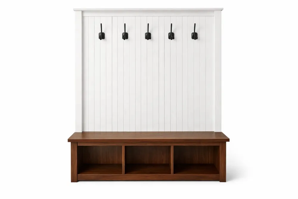 Porte-manteau avec banc en bois et crochets muraux