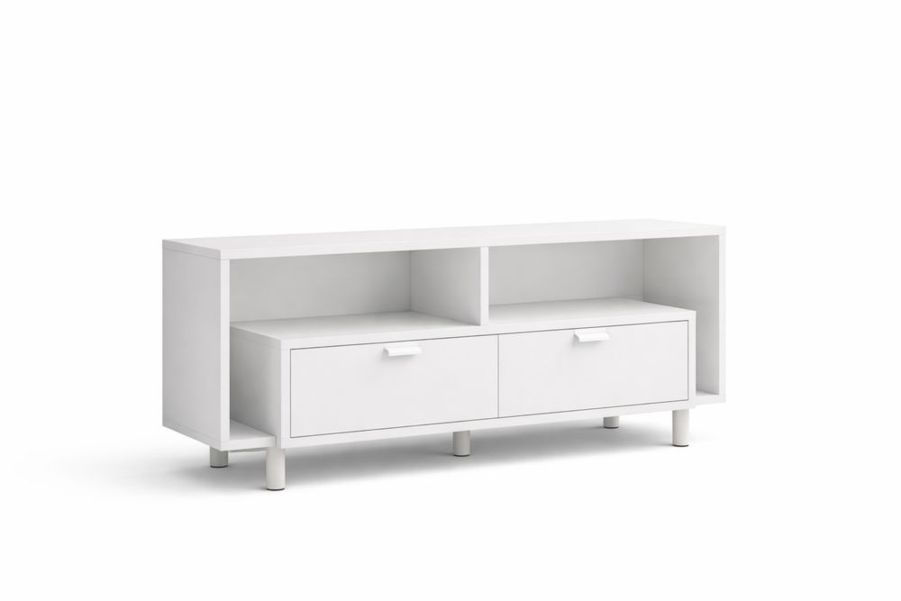 Meuble TV en bois massif blanc avec deux tiroirs et étagères