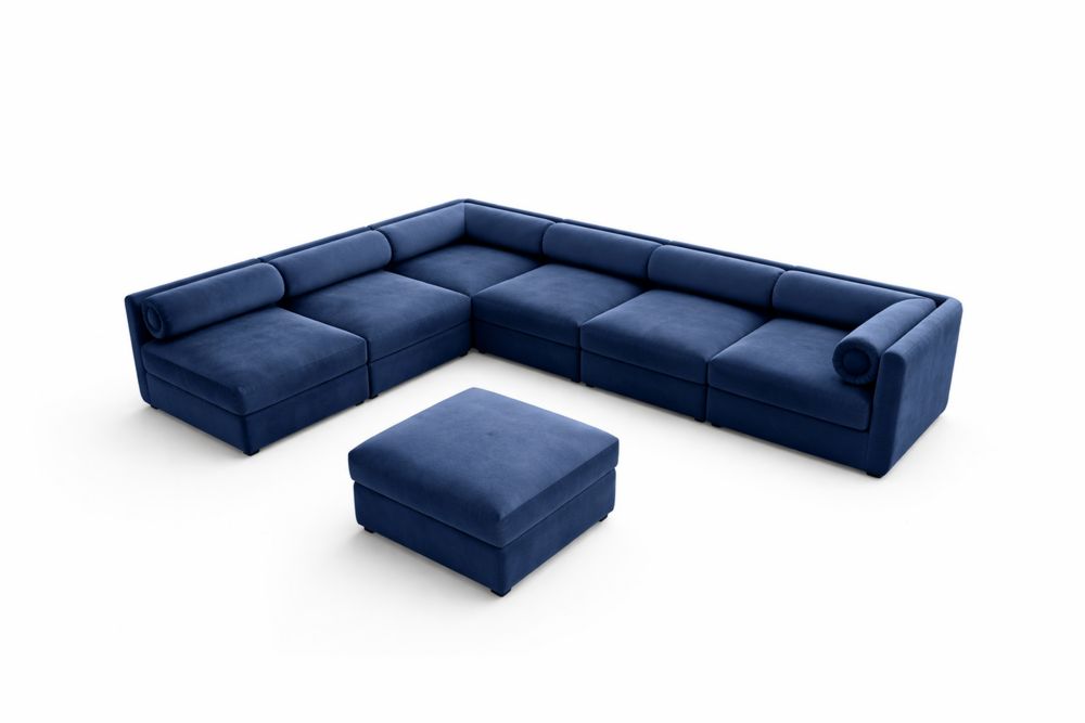 Canapé d'angle modulaire en velours bleu avec repose-pieds
