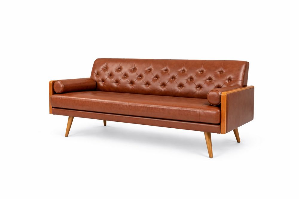 Canapé 3 places en cuir PU marron avec pieds en bois massif