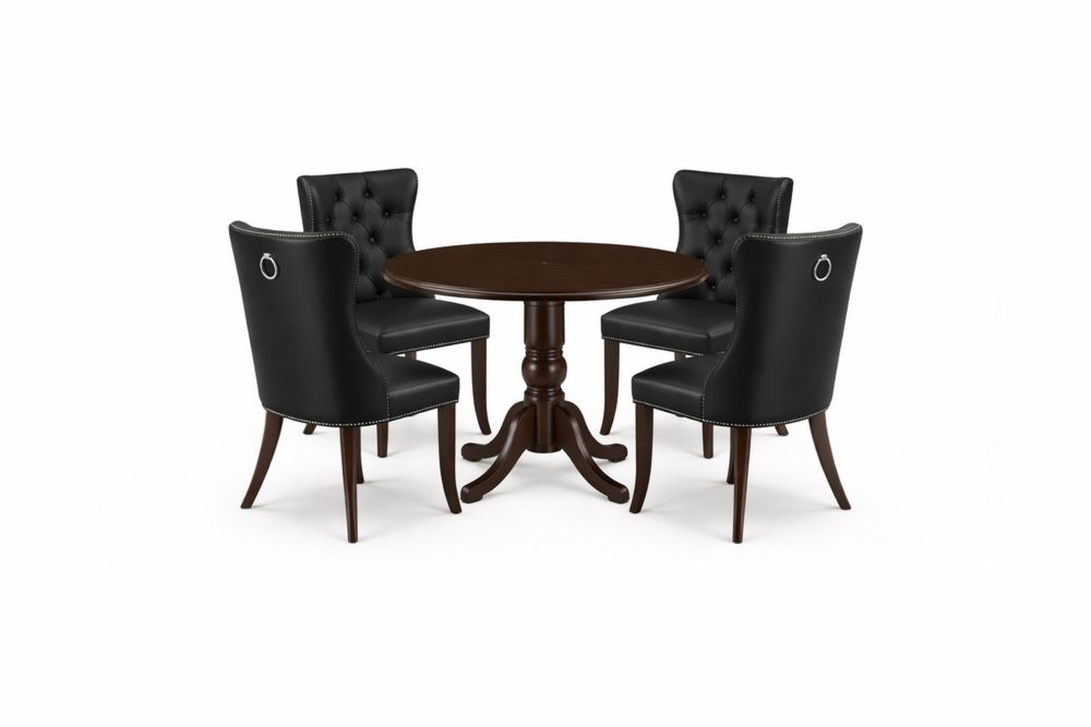 Table ronde en bois massif avec 4 chaises en cuir synthétique noir