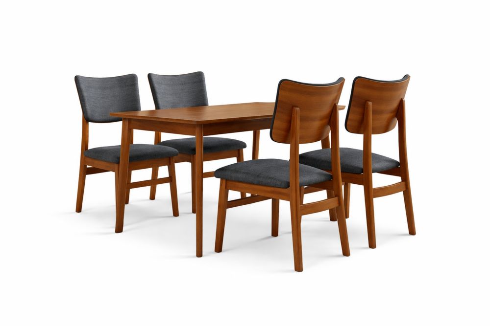 Ensemble de Table en bois massif de Noyer et 4 Chaises en Tissu Gris