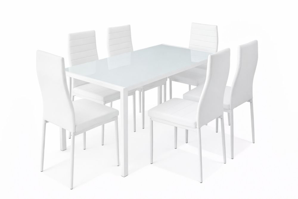 Table à manger blanche en verre trempé avec 6 chaises en similicuir
