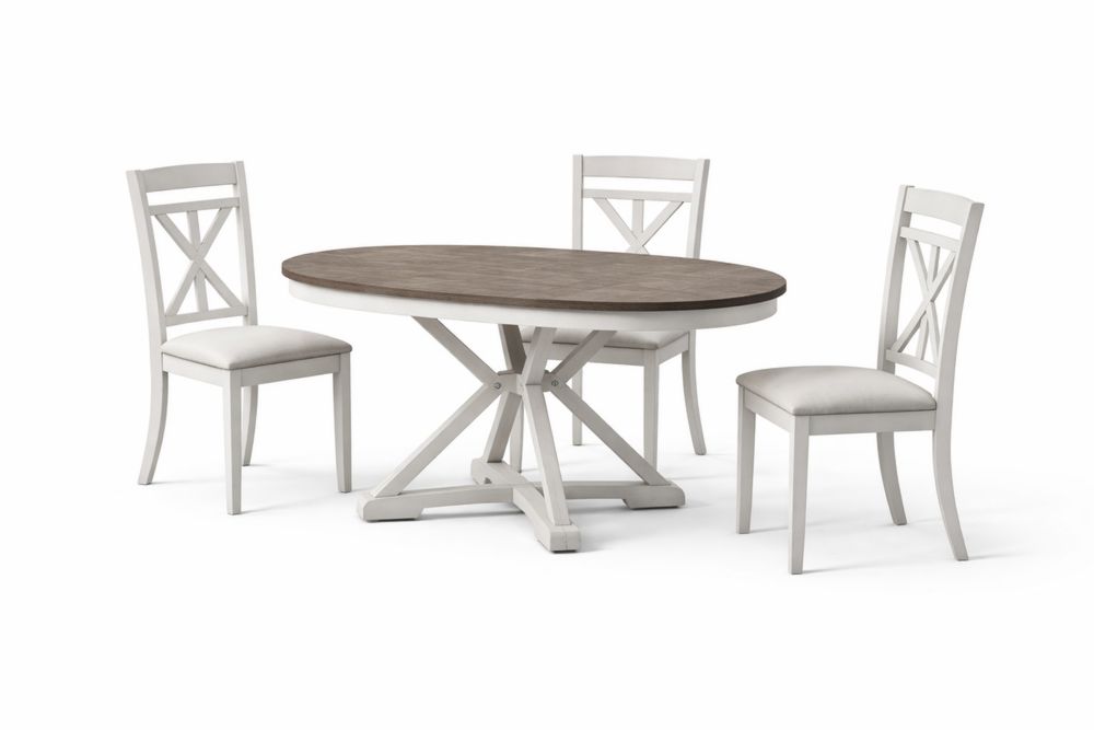 Table ovale en bois massif avec 3 chaises en tissu blanc