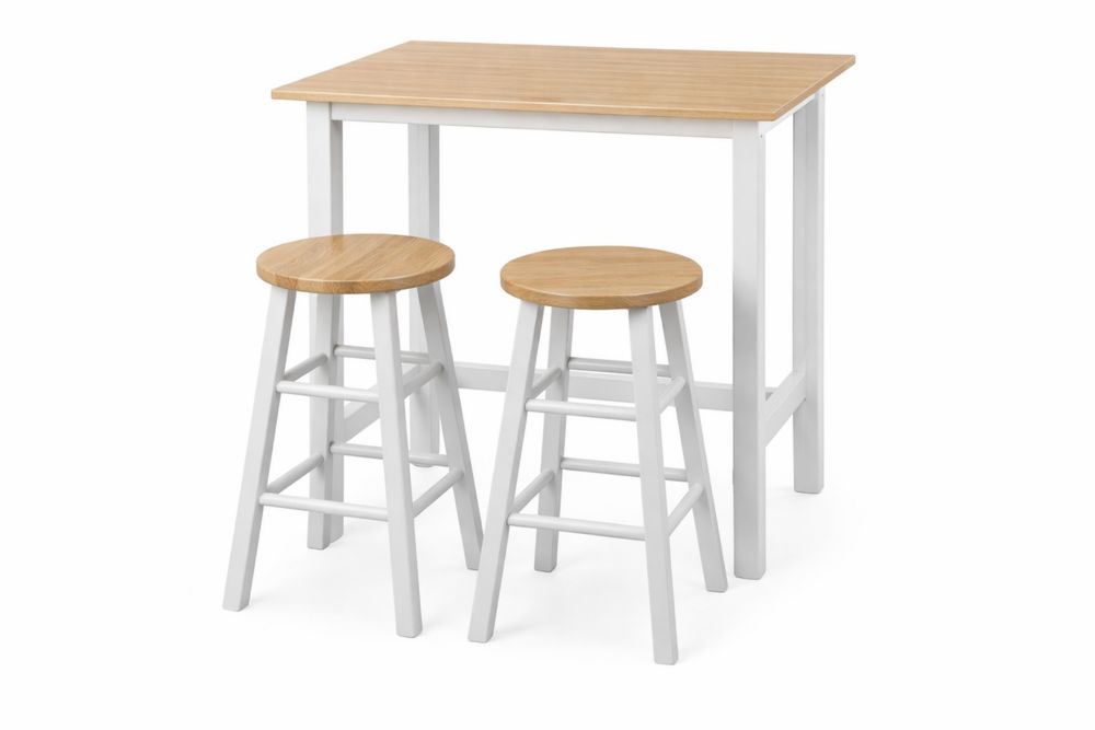 Table et Tabourets de Bar en bois massif Blanc et Naturel