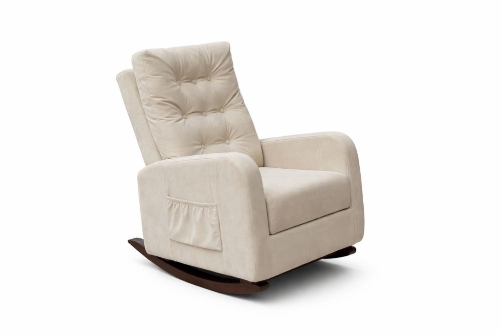 Fauteuil à bascule en tissu beige avec base en bois massif