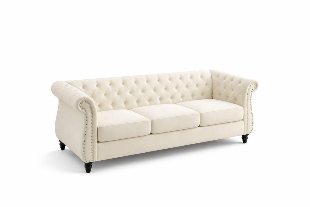 Canapé Chesterfield en Tissu Crème 3 Places