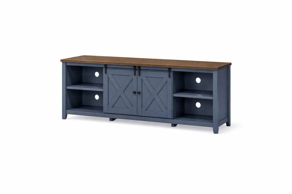 Meuble TV en bois massif avec porte coulissante et étagères