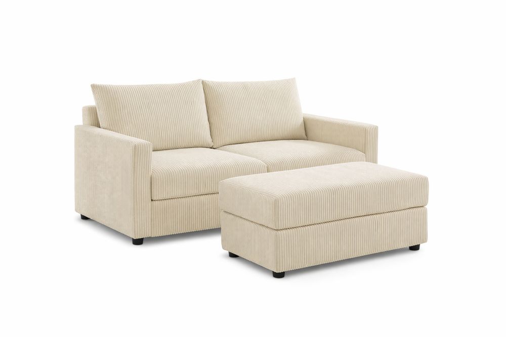 Canapé en Coton Côtelé Beige avec Ottoman