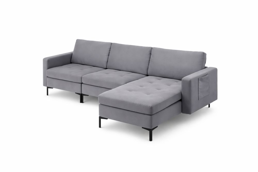 Canapé d'angle réversible en tissu gris avec pieds en Acier inoxydable