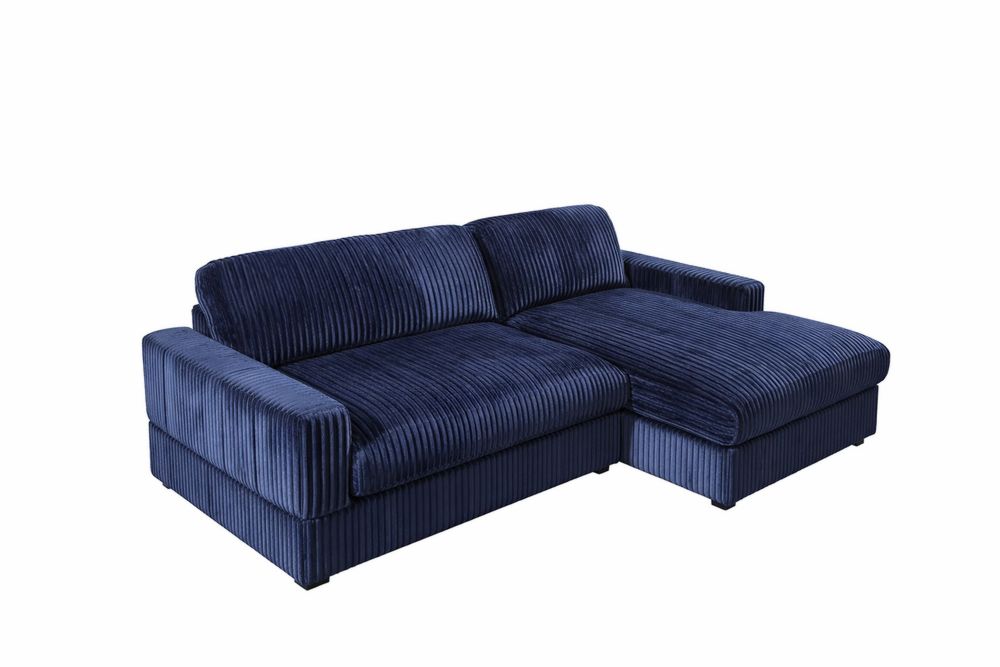 Canapé d'angle en velours côtelé bleu avec méridienne